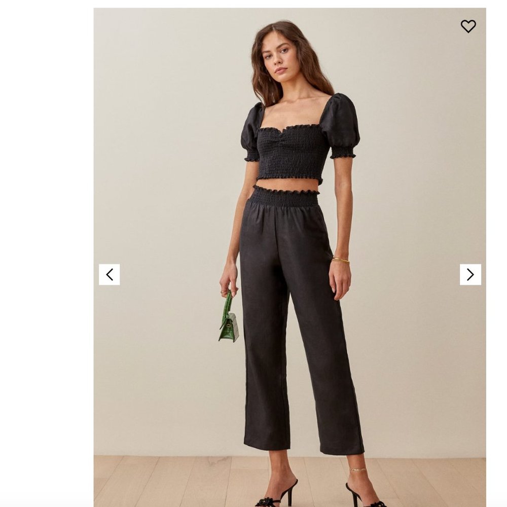 Reformation Black Smocked Puff-Sleeve Crop Top with Black Cropped Wide-Leg Pants